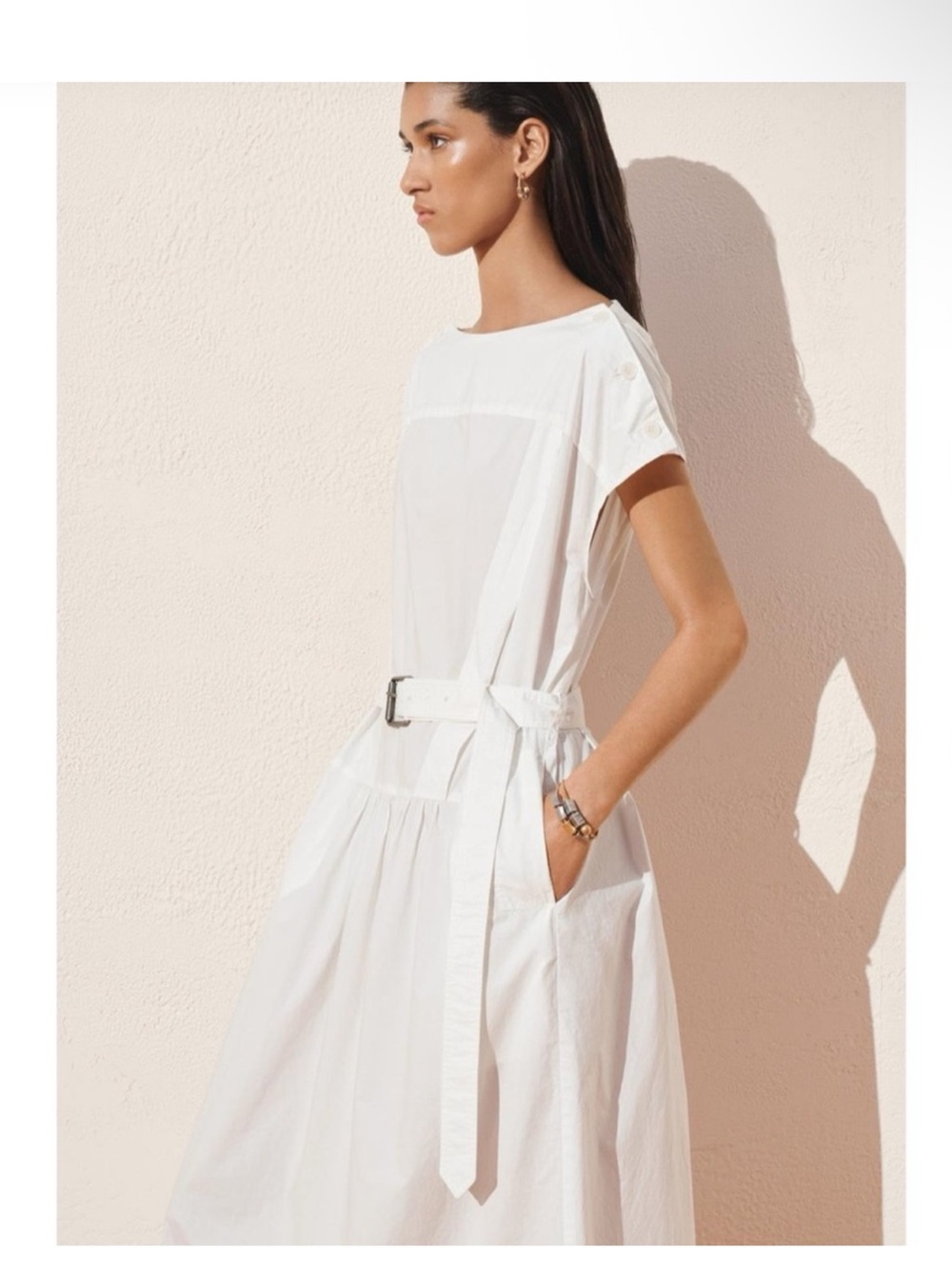 ZARA DRESS BTTN 13 WHITE Belted Midi Dress Size L